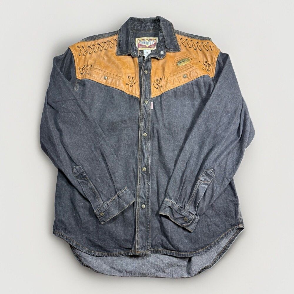 Vintage Shooter Western Denim Shirt Leather Stitching Men’s M